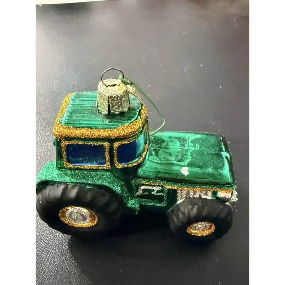 Old World Christmas Green/Yellow Farm Tractor Hand Blown Glass Ornament